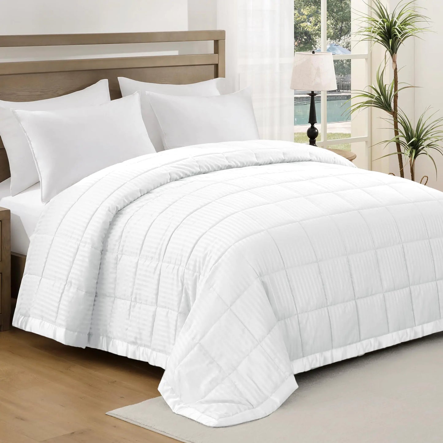 UNIKOME Blankets Queen Size - Soft Lightweight Down Alternative Blankets with Satin Trim Cozy Luxury Bed Blanket for All Season White (90"X90")